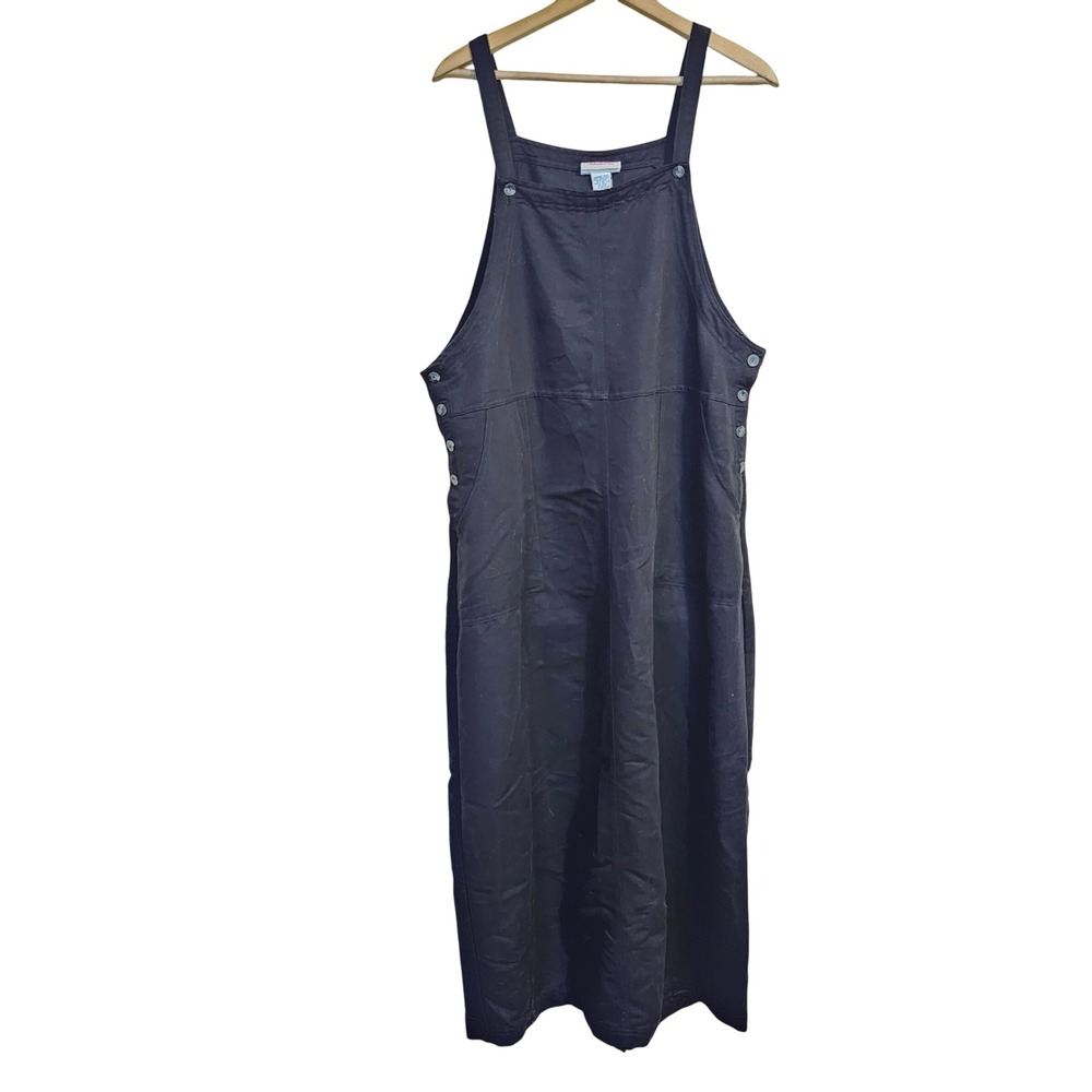 Faded Glory Overall Dress XL Black Rayon Blend Button Side Midi Jumper Twill